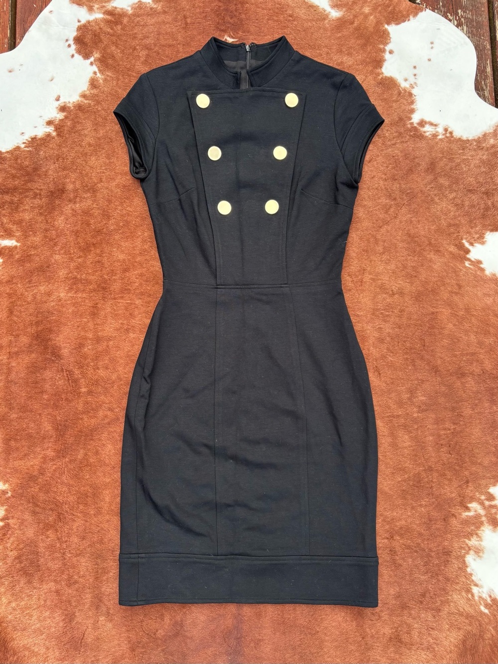 Black Structured Sheath Dress With Double-Breasted-Inspired Gold Button Detail